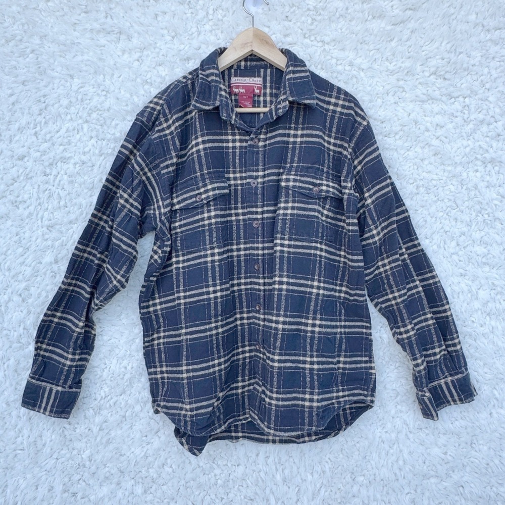 Caribou Creek Mens Plaid Flannel Shirt Blue Beige Long Sleeve Cotton Size XLT
